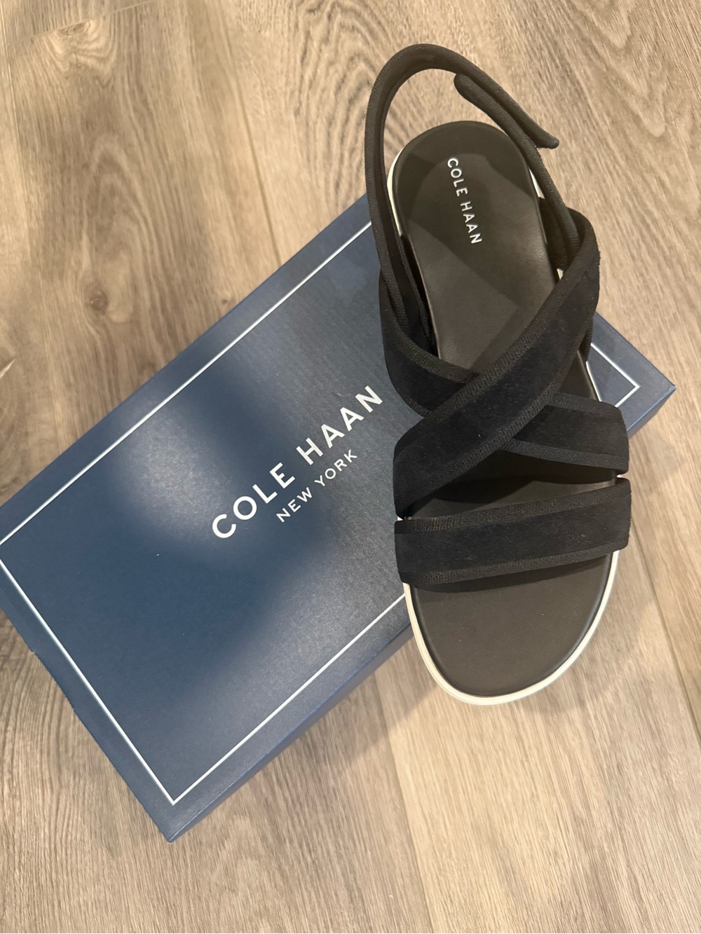 Cole Haan Black Crisscross Slingback Sandal with White Trim